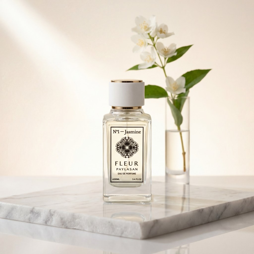 Fleur De Paylasan N°1 Jasmine perfume bottle on marble surface with fresh jasmine flowers