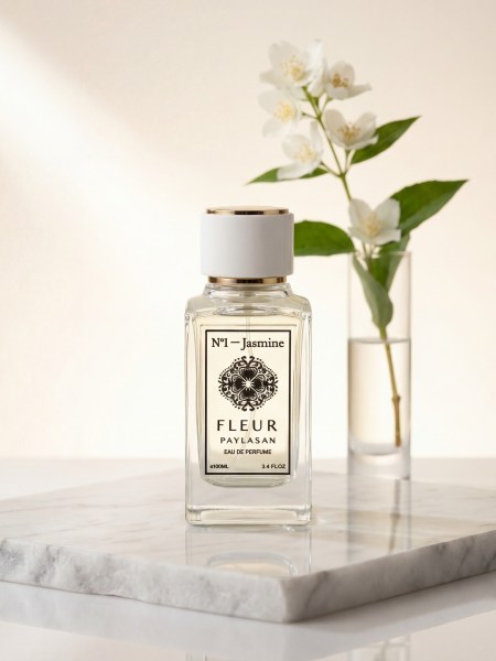 Fleur De Paylasan N°1 Jasmine perfume bottle on marble surface with fresh jasmine flowers
