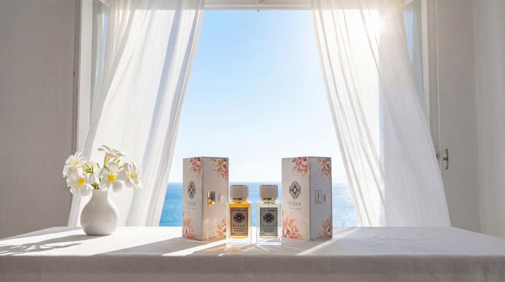 Fleur De Paylasan luxury perfume bottles on a sunlit windowsill with white curtains, frangipani flowers, and ocean view