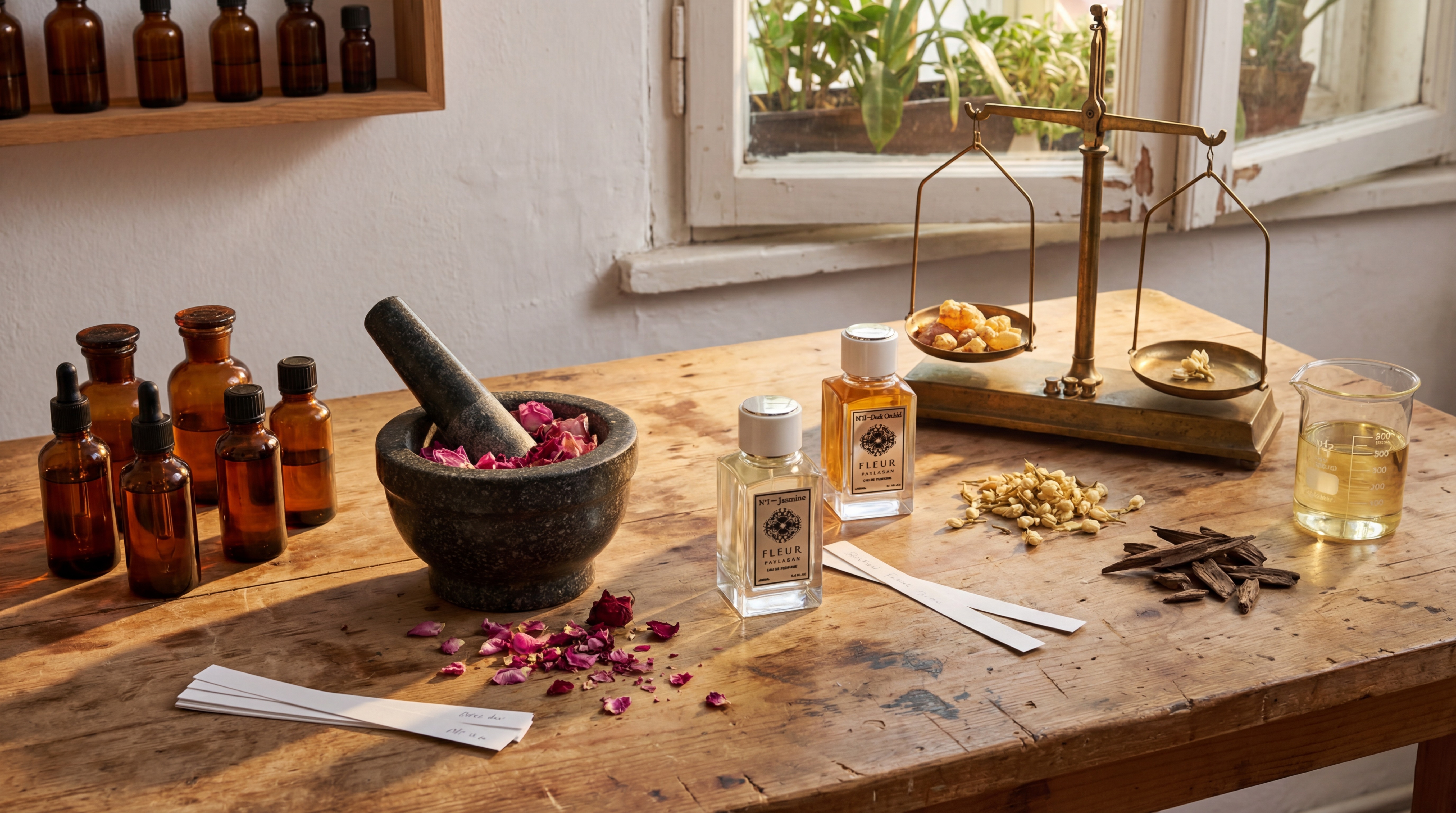 Fleur De Paylasan perfume duo on perfumer worktable surrounded by mortar and pestle brass scale and amber vials
