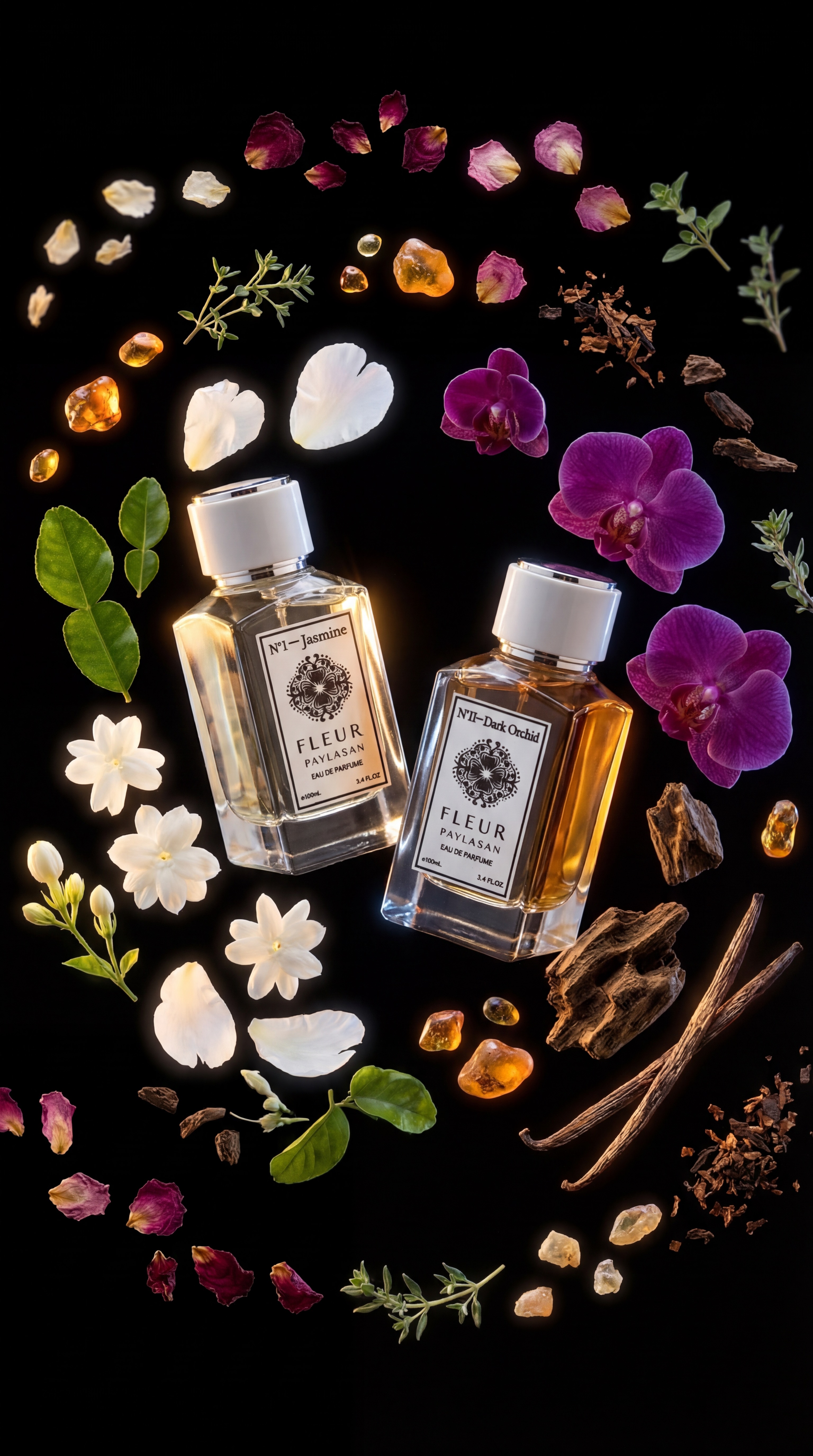 Fleur De Paylasan perfume duo floating weightlessly surrounded by orbital ring of flowers herbs and botanical ingredients