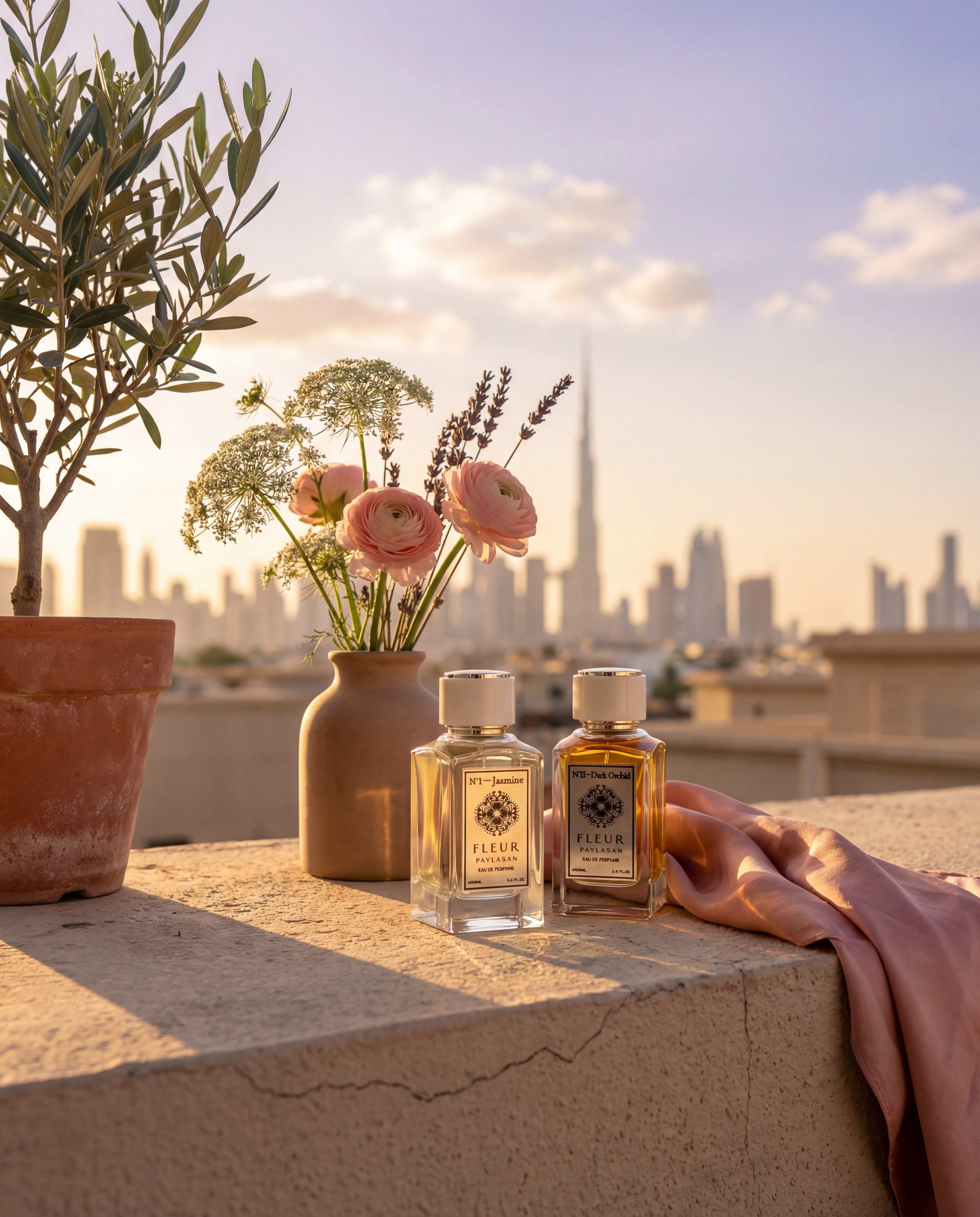 Fleur De Paylasan perfume duo on concrete rooftop ledge in Dubai at golden hour with Burj Khalifa in soft bokeh