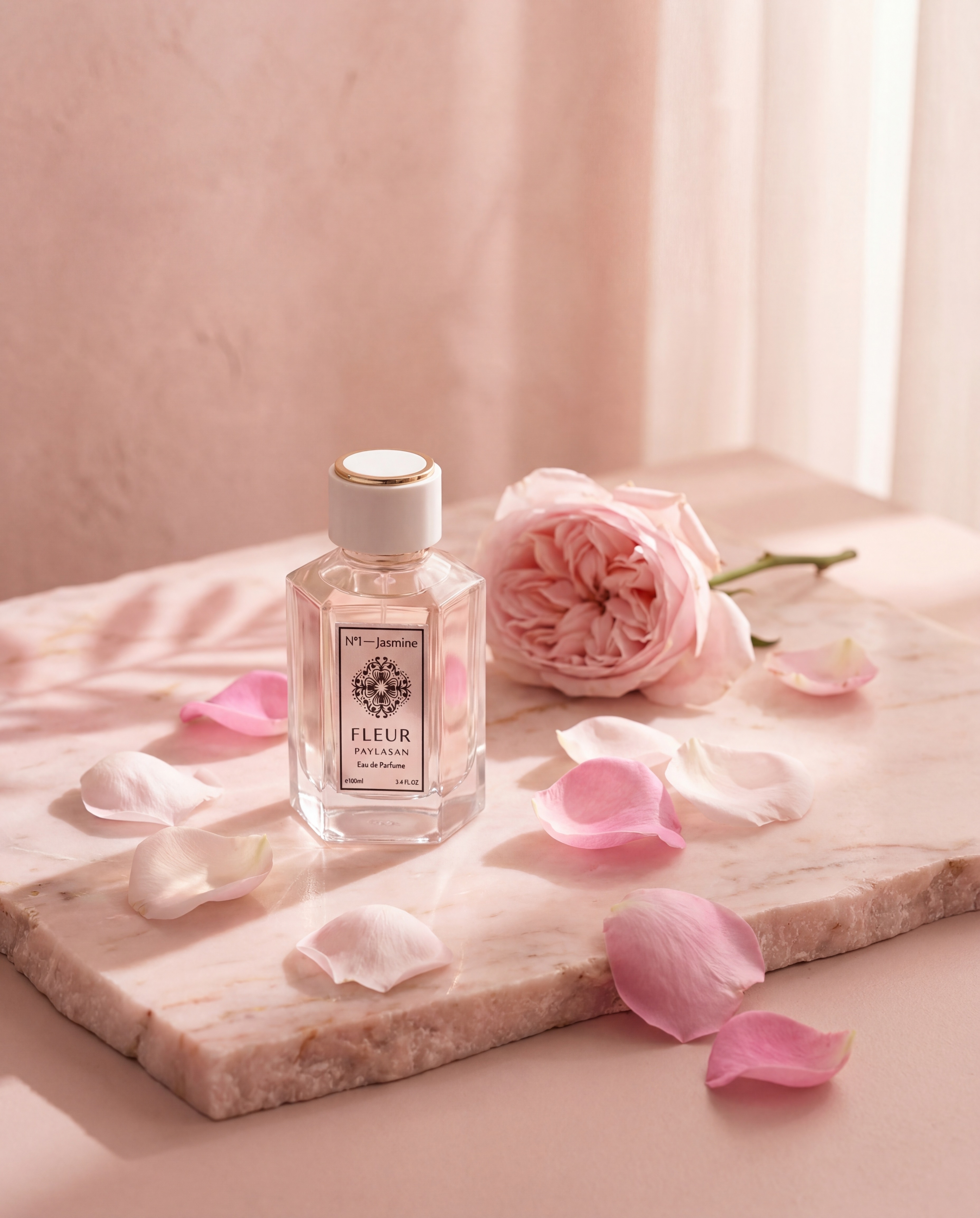 Fleur De Paylasan N1 Jasmine perfume on pink veined marble surrounded by scattered rose petals in monochromatic blush