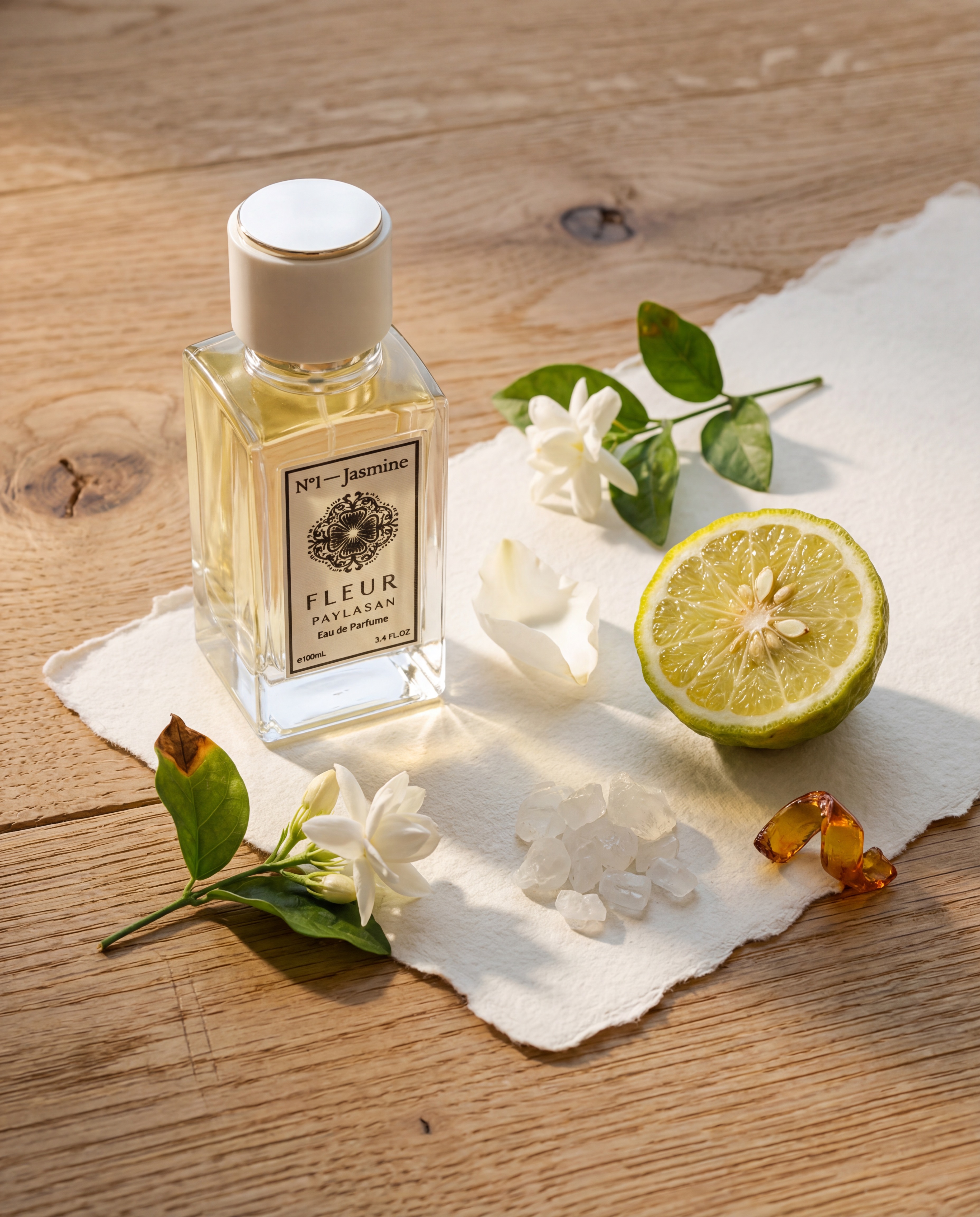 Fleur De Paylasan N1 Jasmine deconstructed notes with bergamot jasmine sambac musk crystals and amber resin on oak table