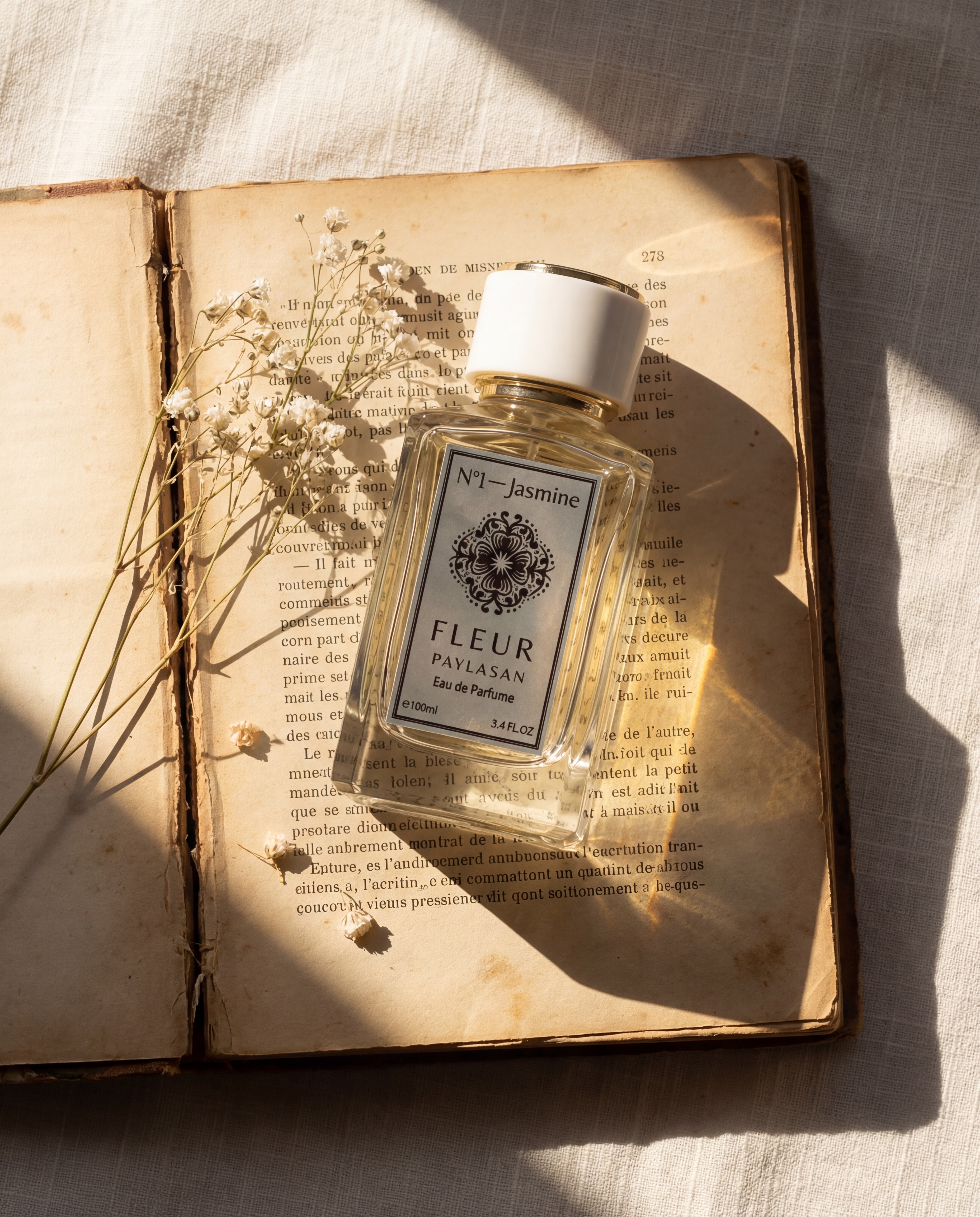 Fleur De Paylasan N1 Jasmine perfume on vintage French book with baby's breath in sunlight