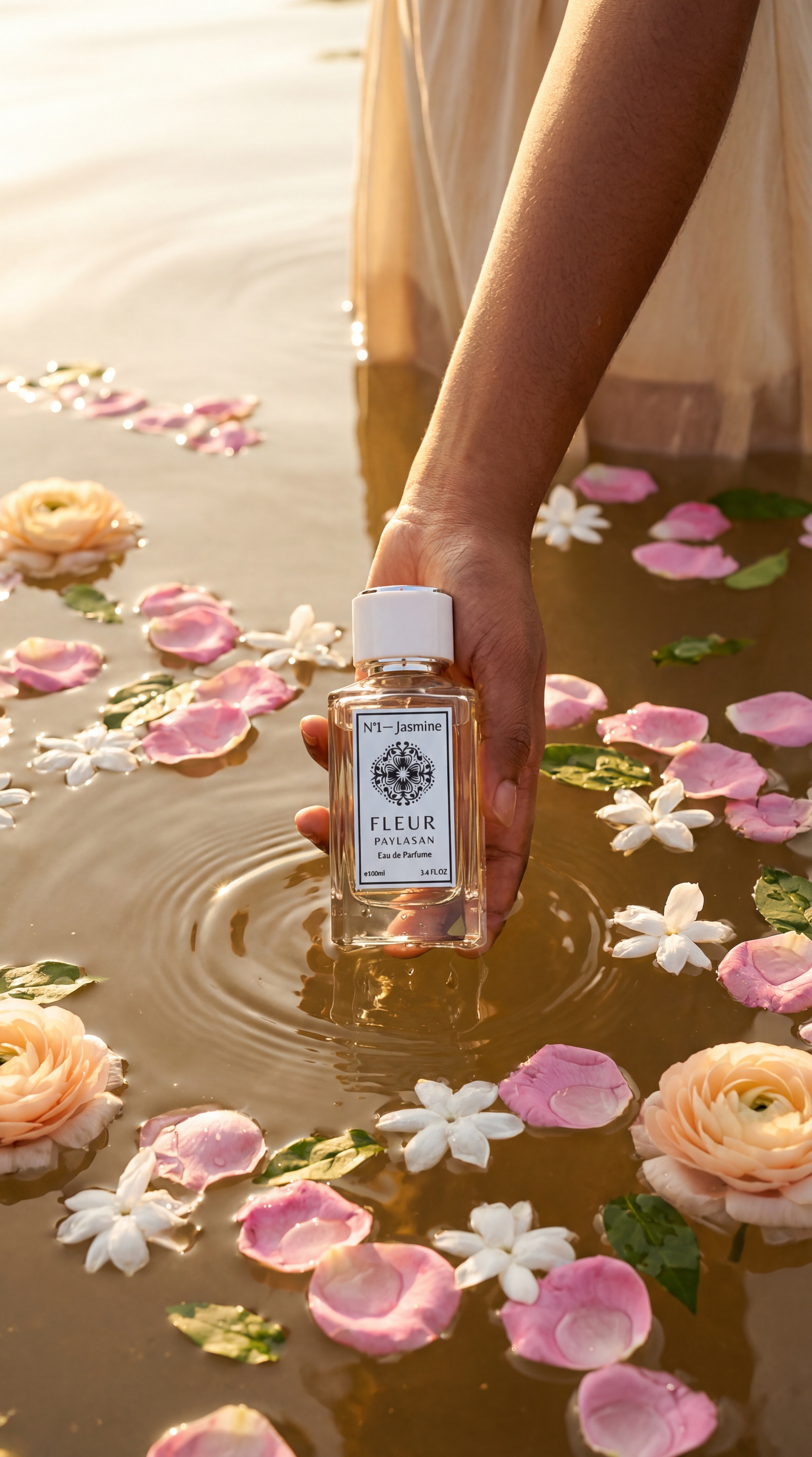 Fleur De Paylasan N1 Jasmine perfume hand dipping bottle into flower filled water with ripples