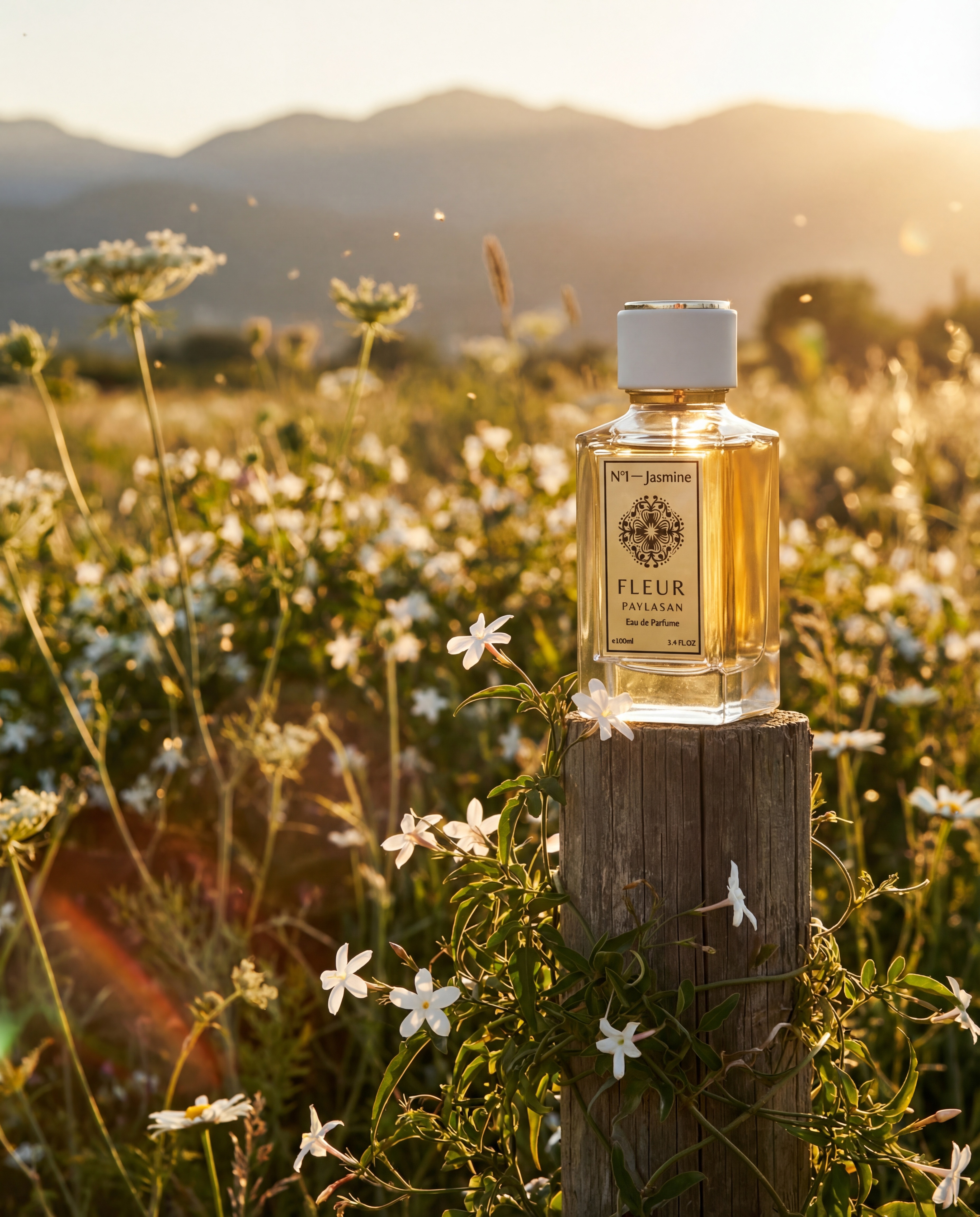 Fleur De Paylasan N1 Jasmine perfume in a wildflower meadow at golden hour