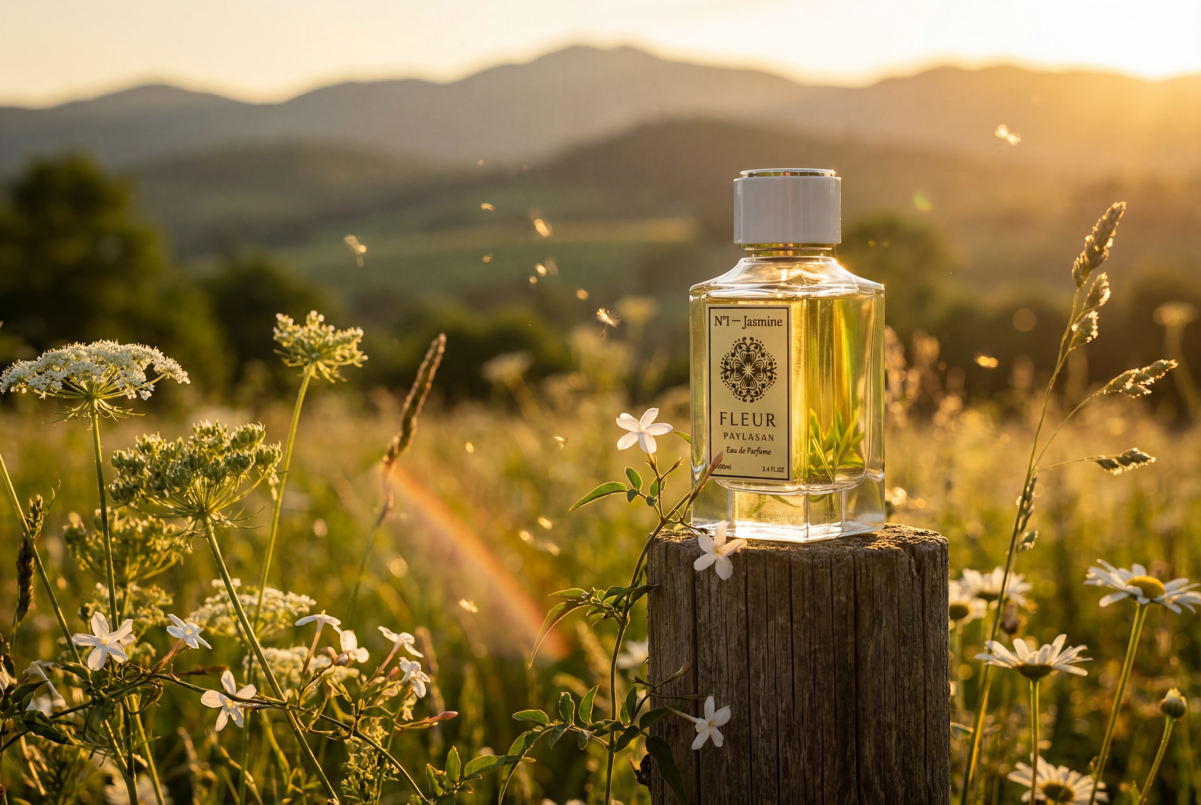 Fleur De Paylasan N1 Jasmine perfume on weathered fence post in golden hour wildflower meadow with mountains