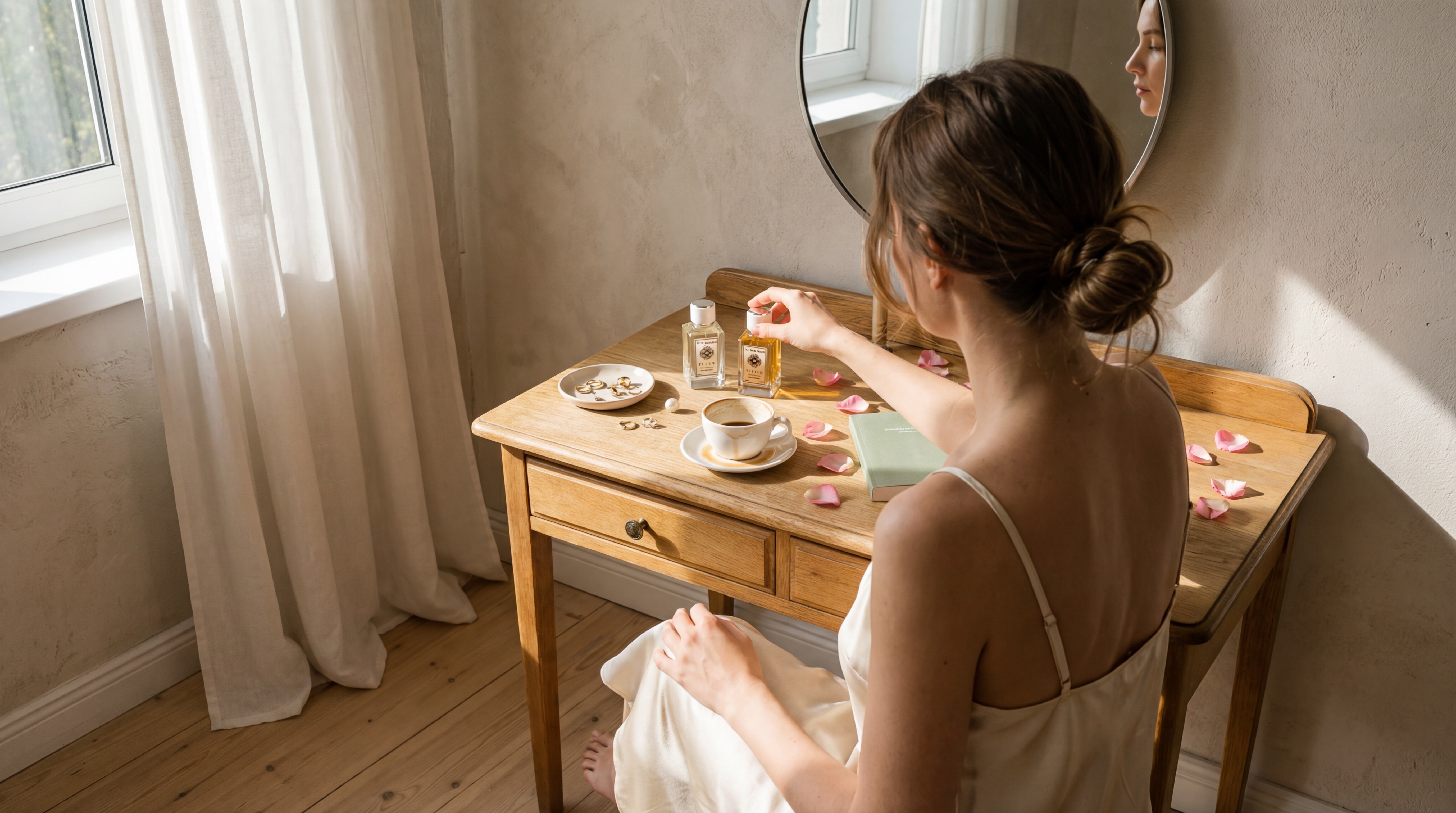 Fleur De Paylasan NII Dark Orchid perfume on rainy windowsill with knit blanket steaming mug and autumn leaf