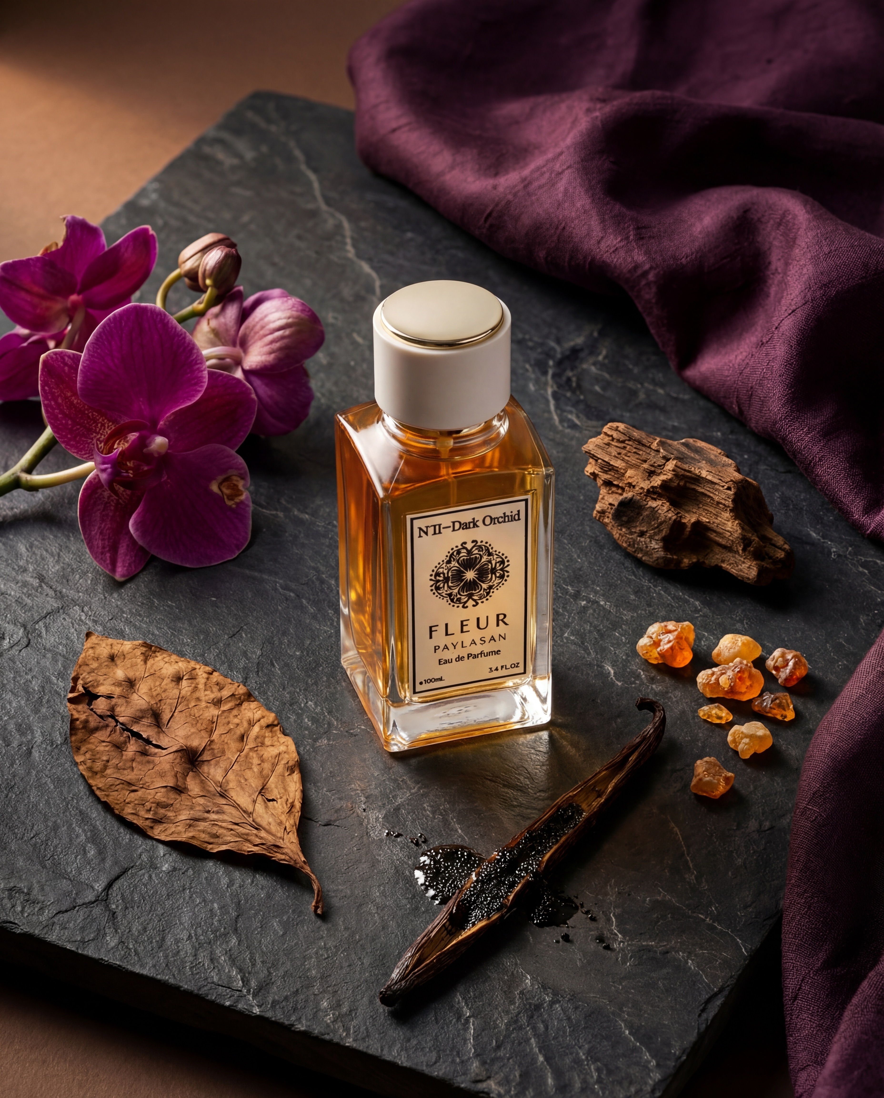 Fleur De Paylasan NII Dark Orchid deconstructed notes with dark orchid stem tobacco leaf vanilla pod and oud wood on dark slate