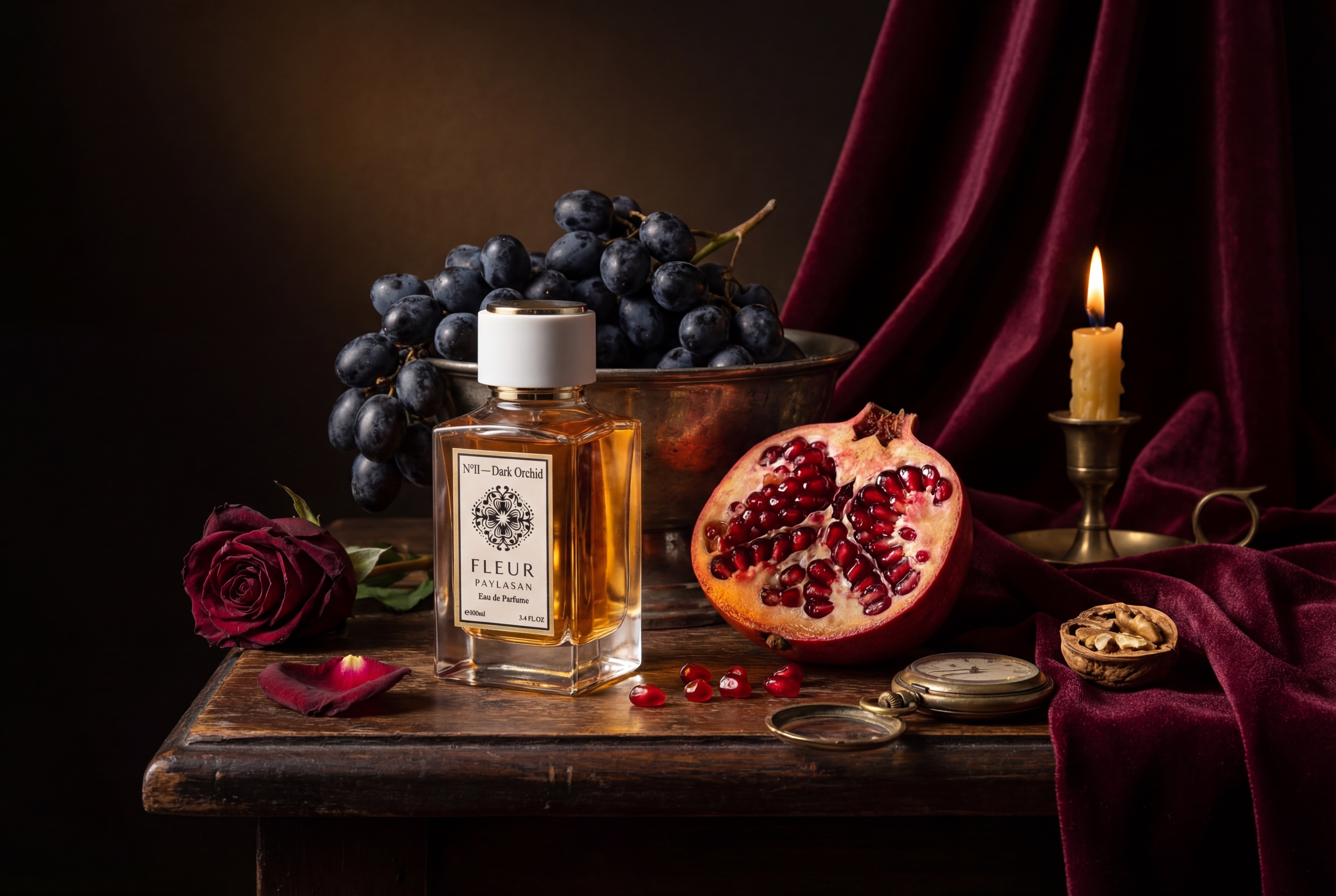 Fleur De Paylasan NII Dark Orchid perfume in a Dutch Masters baroque still life with pomegranate and dark grapes