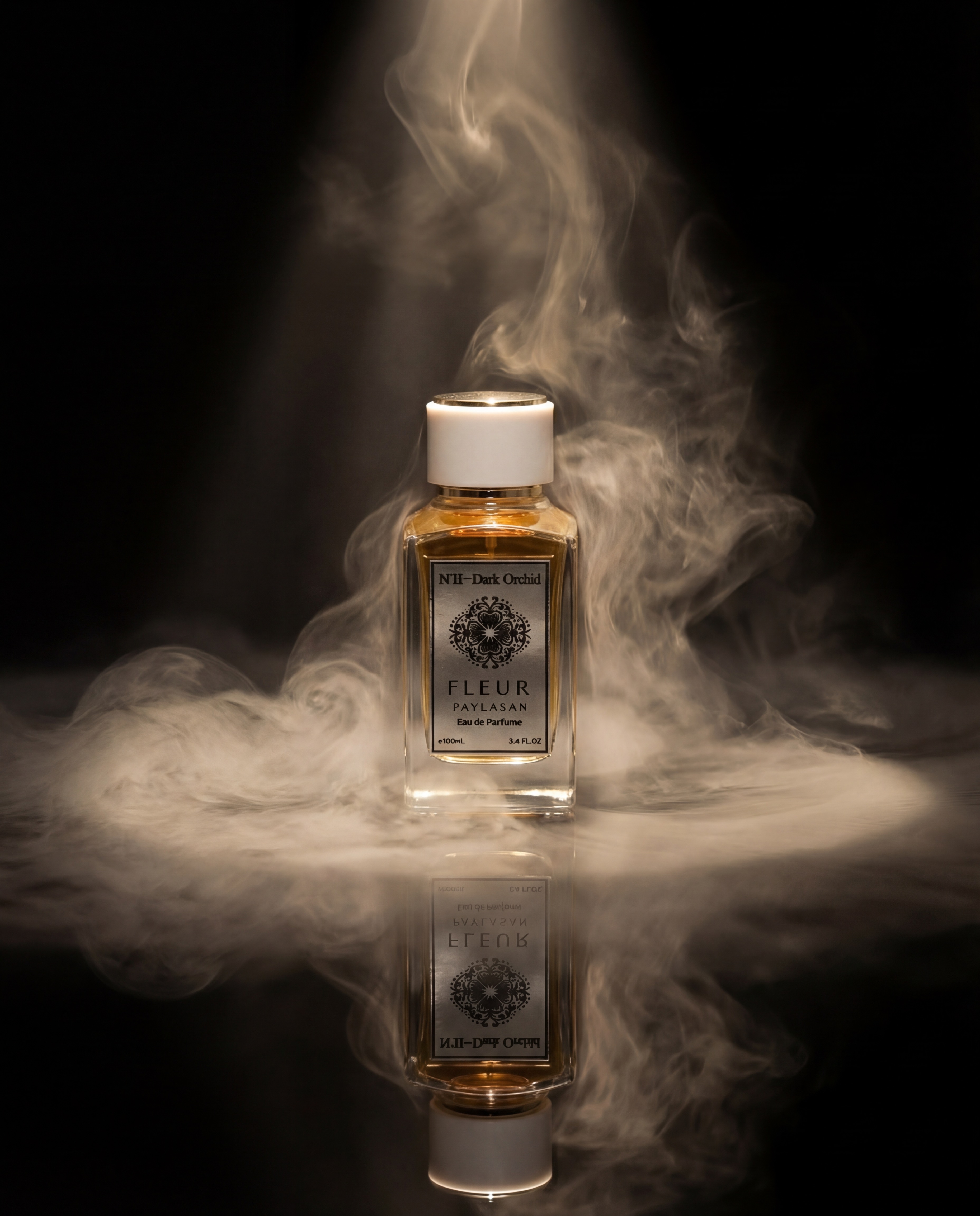 Fleur De Paylasan NII Dark Orchid perfume on black reflective surface with rolling fog and god rays through smoke