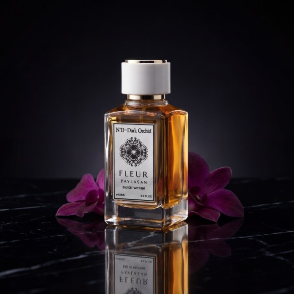 Dark Orchid perfume bottle on clean black marble background