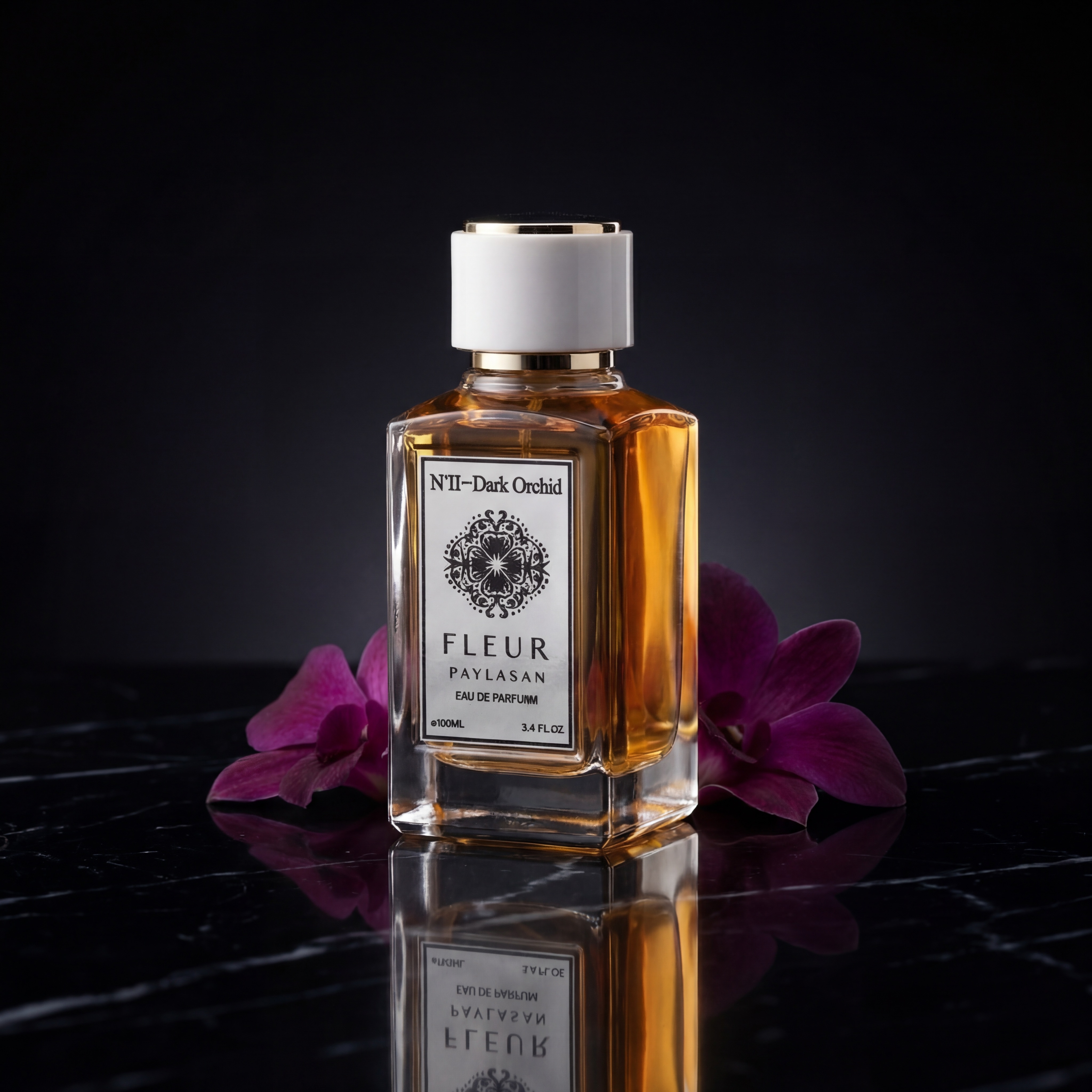 N°II Dark Orchid perfume on black marble