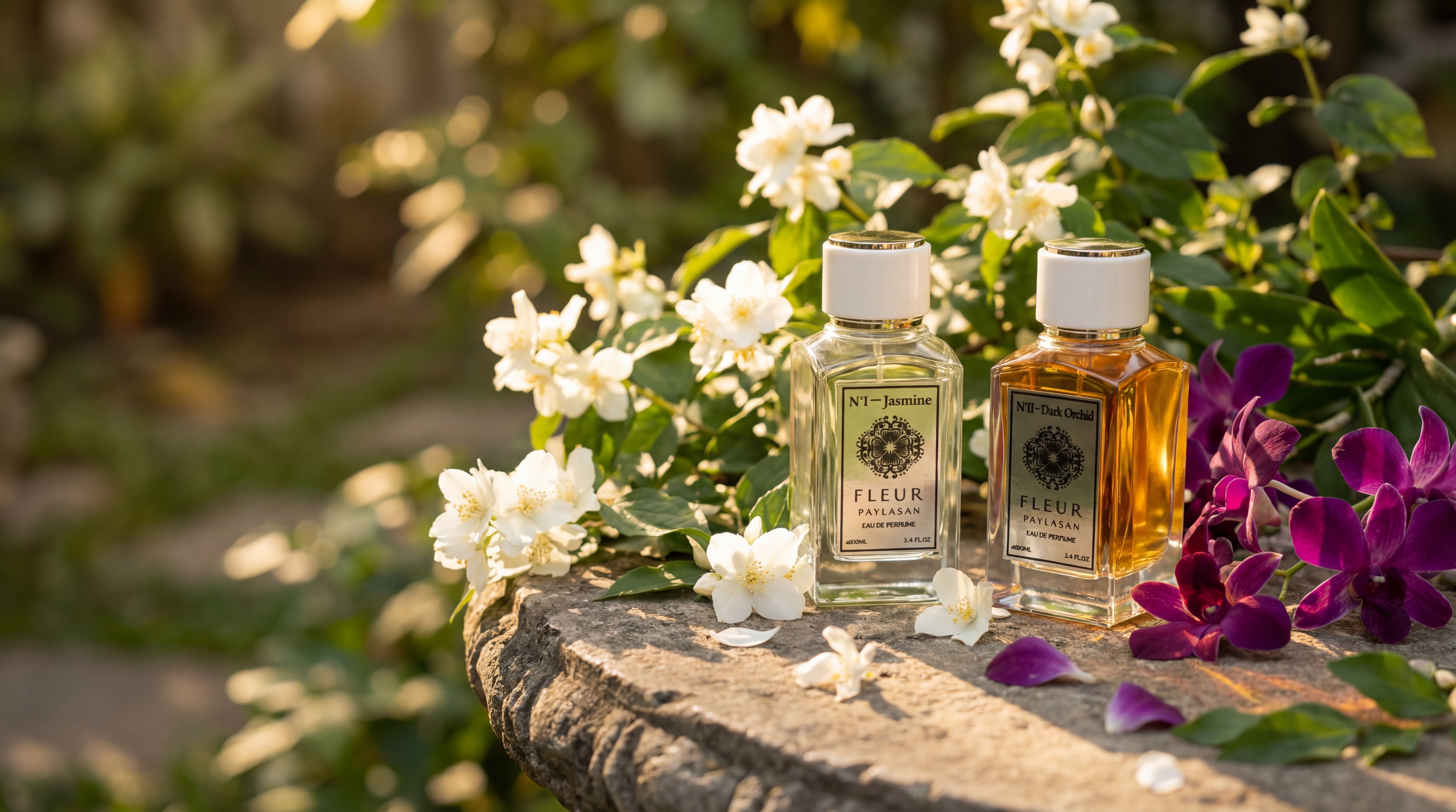 Fleur De Paylasan perfume bottles in a garden with jasmine flowers