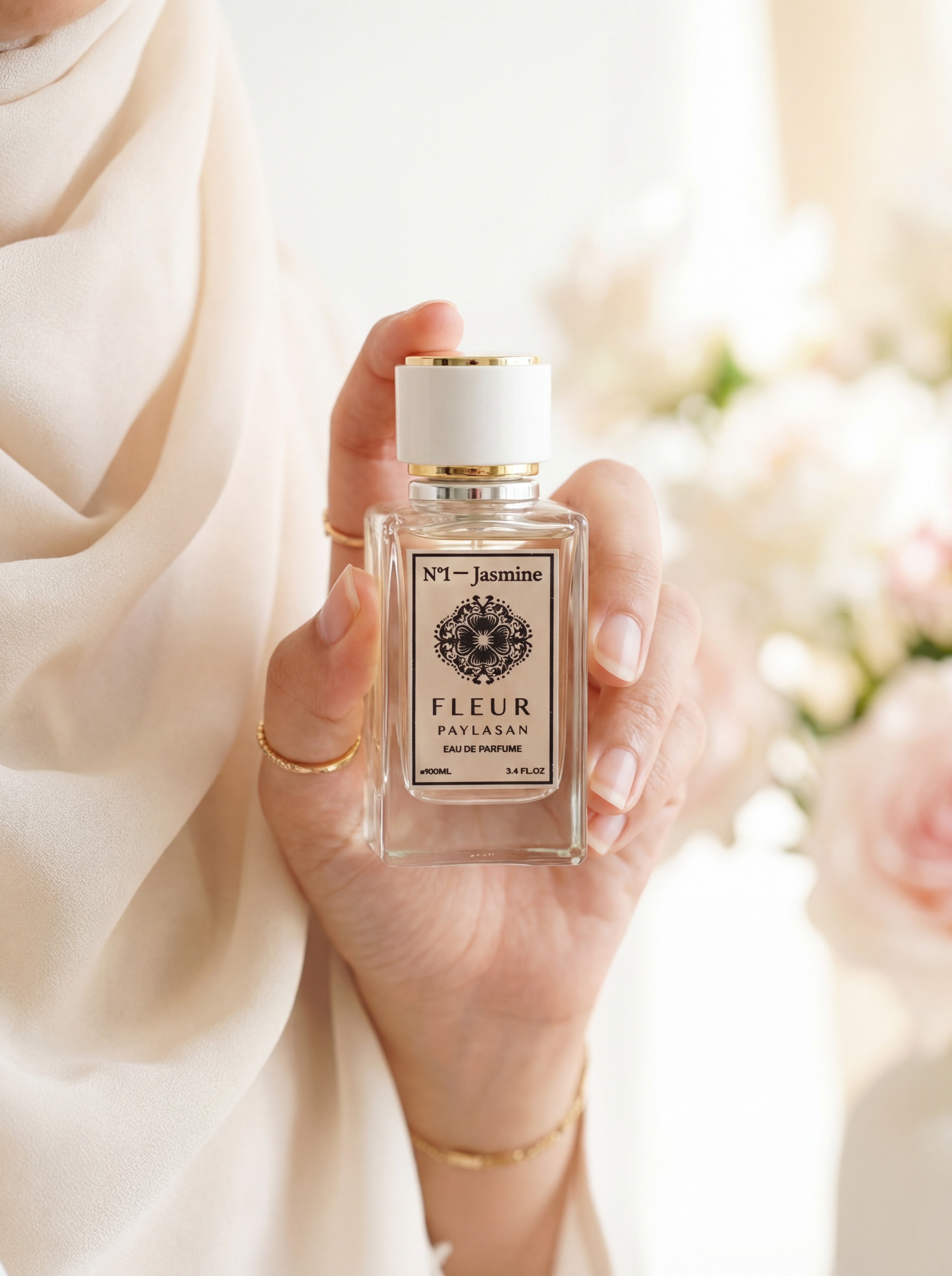 Woman in hijab holding Jasmine perfume