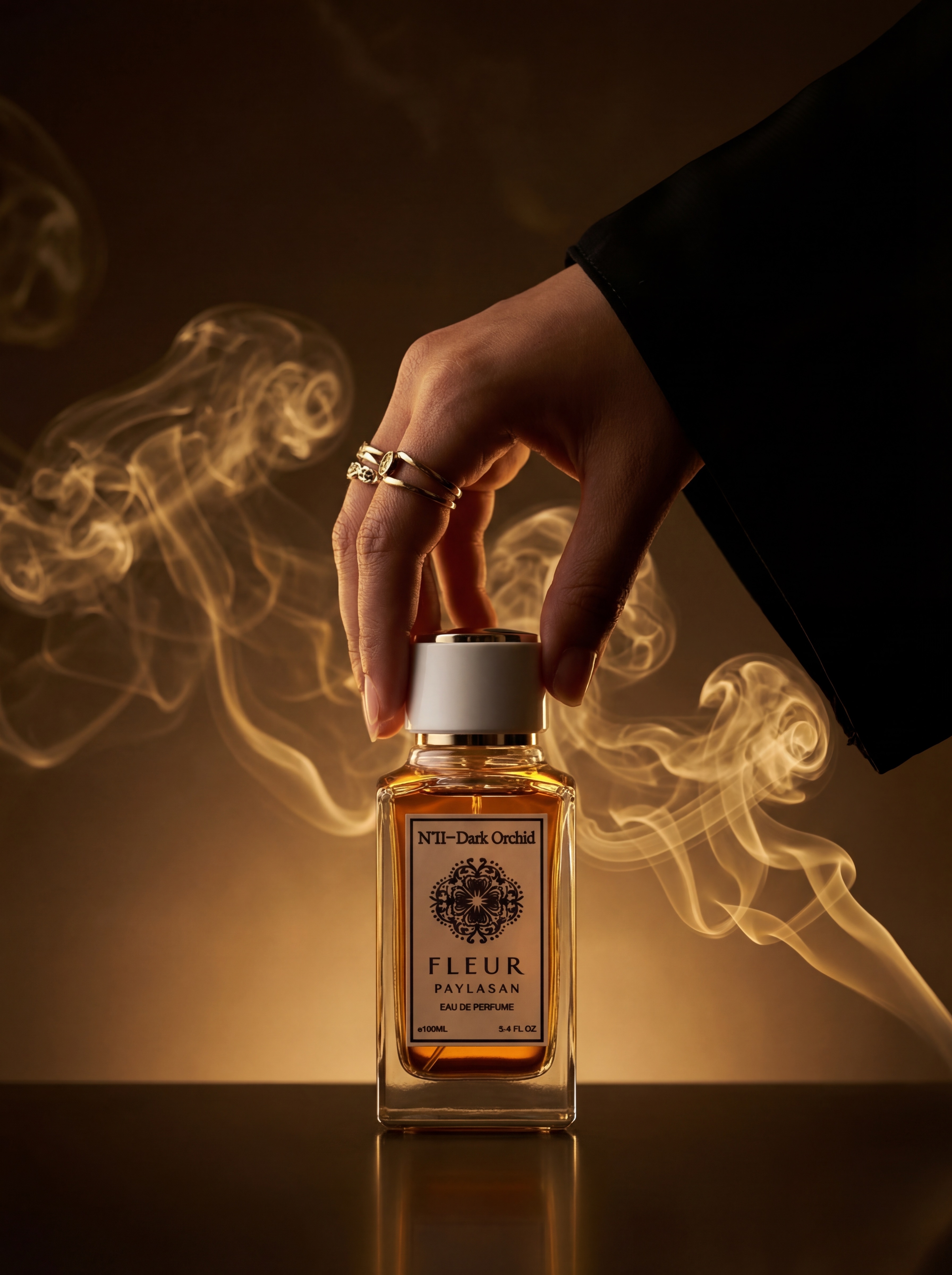 Hand reaching for Dark Orchid perfume with dramatic smoke